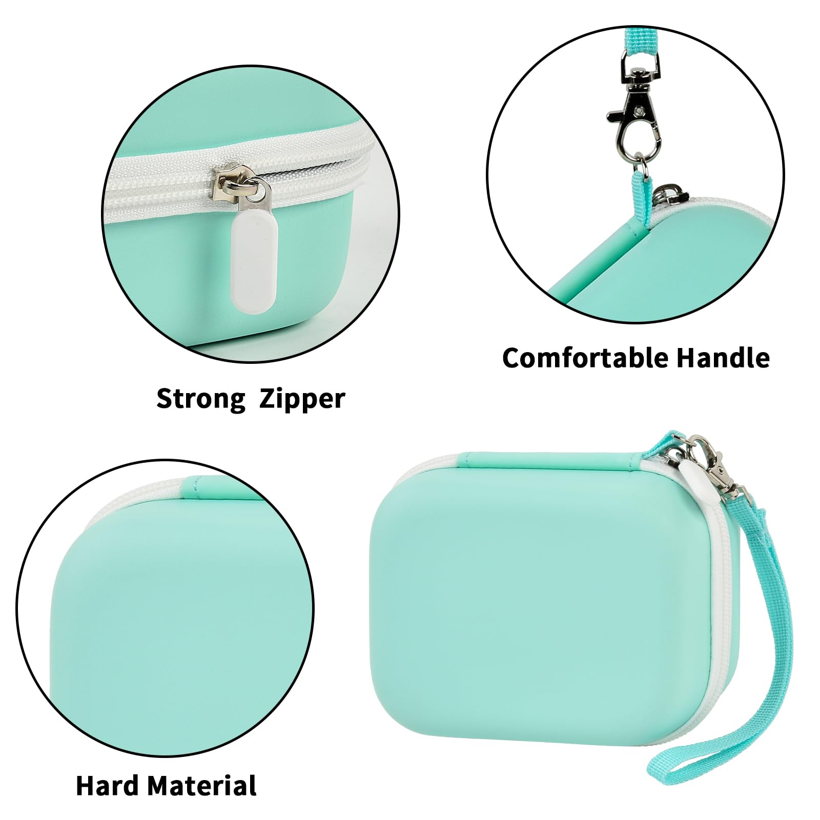 Mint green mini printer case with strong zipper, carrying strap, and hard protective shell