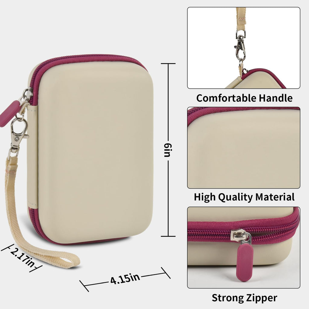 Beige with burgundy trim retro handheld console carrying case dimensions, wrist strap, shell material and zipper overview