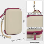 Beige with burgundy trim retro handheld console carrying case dimensions, wrist strap, shell material and zipper overview