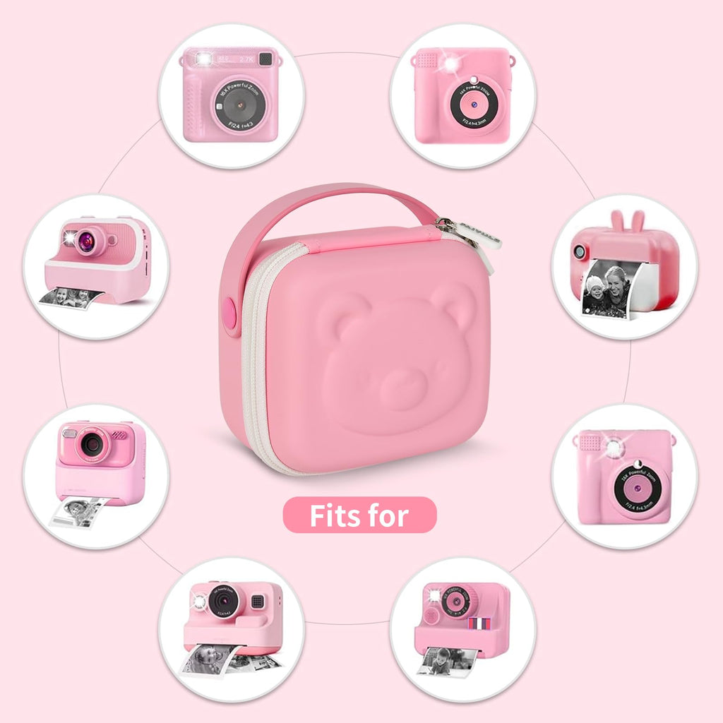 Pink bear-shaped kids instant print camera case shown beside a compatible kids instant print camera