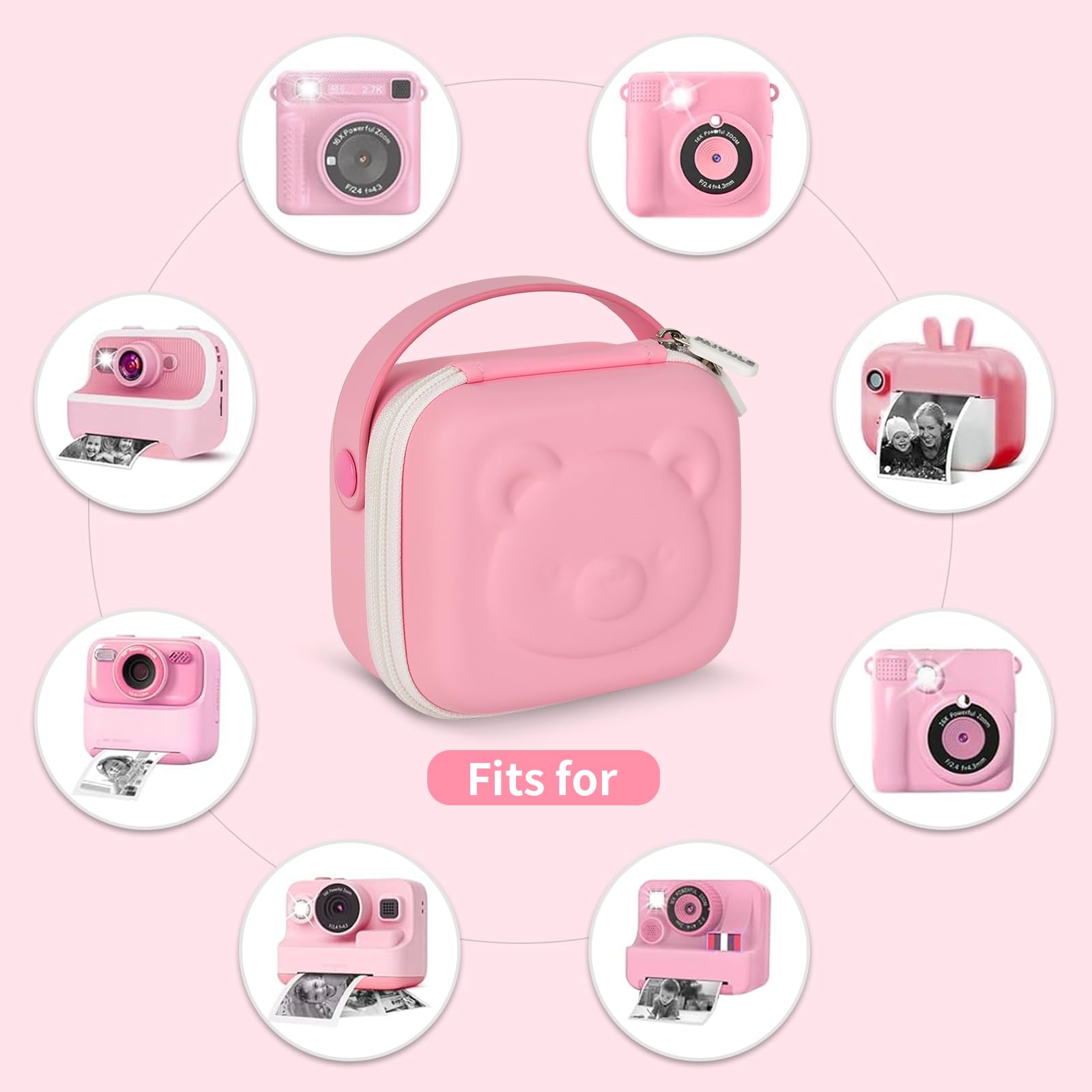 Pink bear-shaped kids instant print camera case shown beside a compatible kids instant print camera