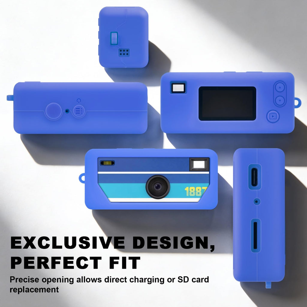 Blue with retro camera graphic silicone case for Kodak Charmera keychain camera precise-fit design shown from multiple angles