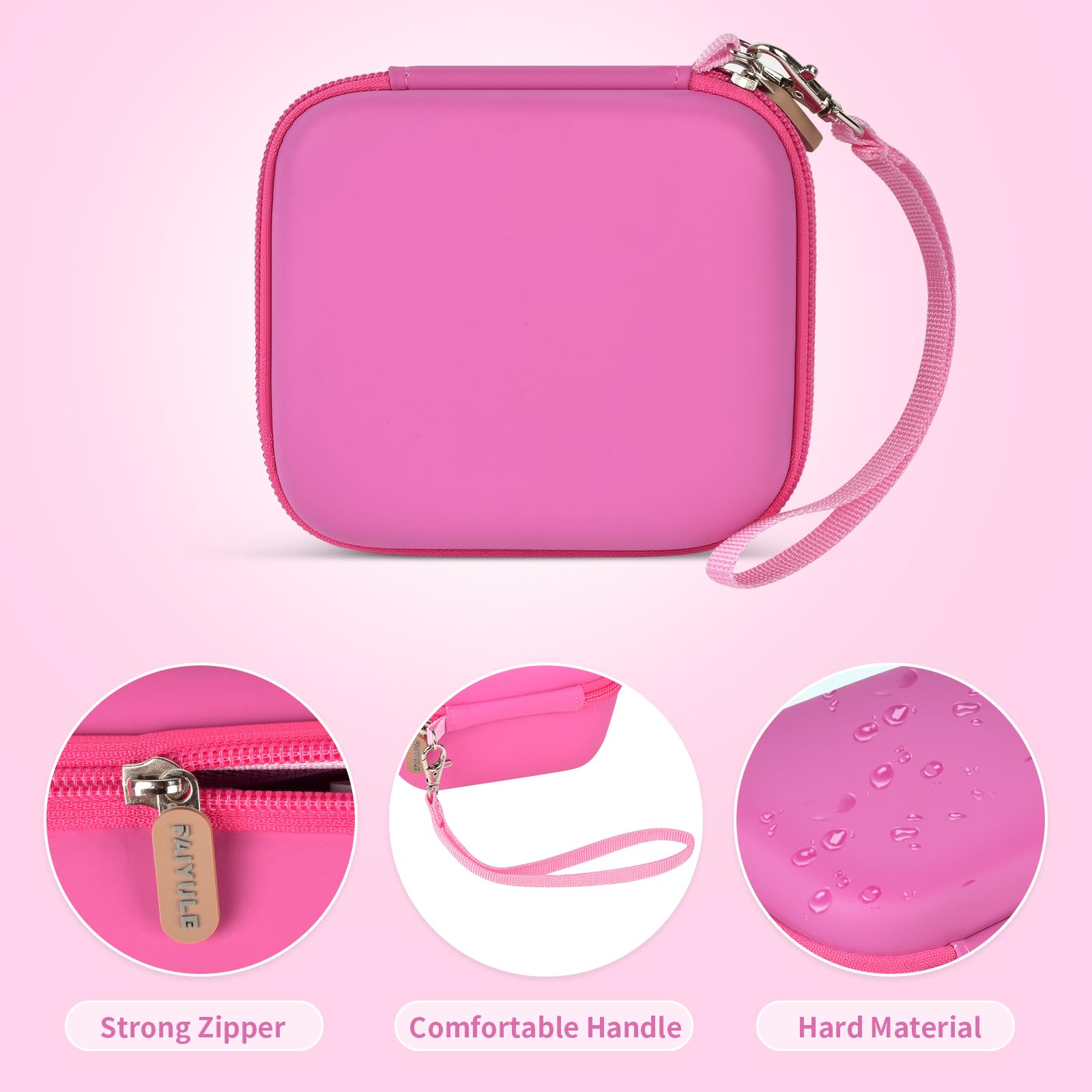 Pink bear-shaped kids instant print camera case hard shell, zipper and carry-strap features
