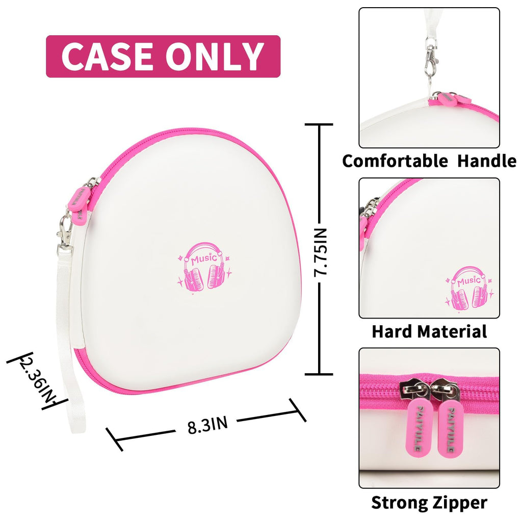 White with pink trim hard-shell headphone case dimensions with handle and strong zipper; case only