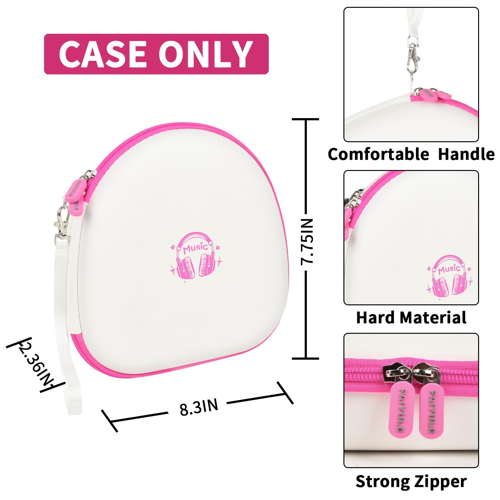 White with pink trim hard-shell headphone case dimensions with handle and strong zipper; case only