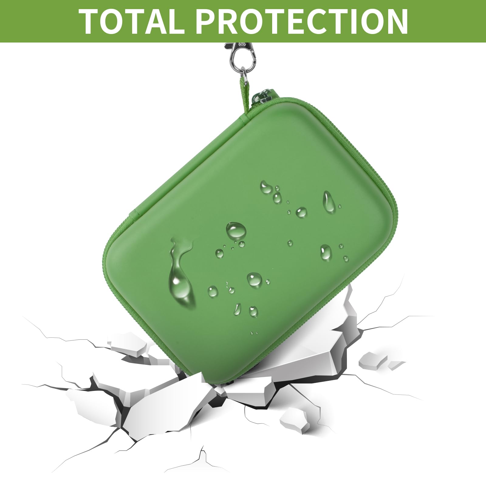 Green retro handheld console carrying case hard-shell impact and splash protection demonstration