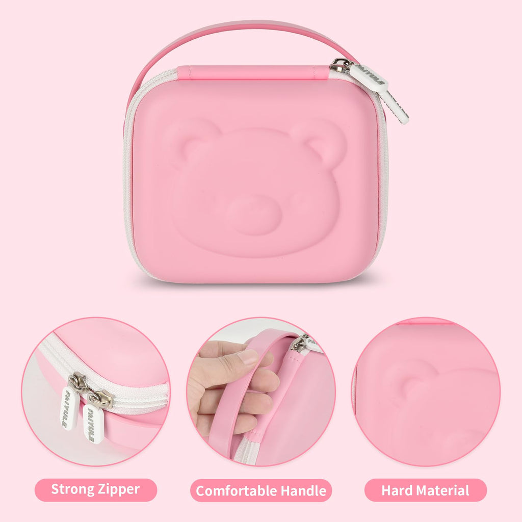 Pink bear-shaped kids instant print camera case hard shell, zipper and carry-strap features