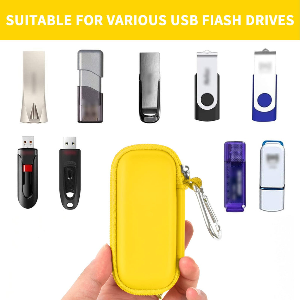 Yellow USB flash drive and SD card storage case compatibility with assorted USB flash drives