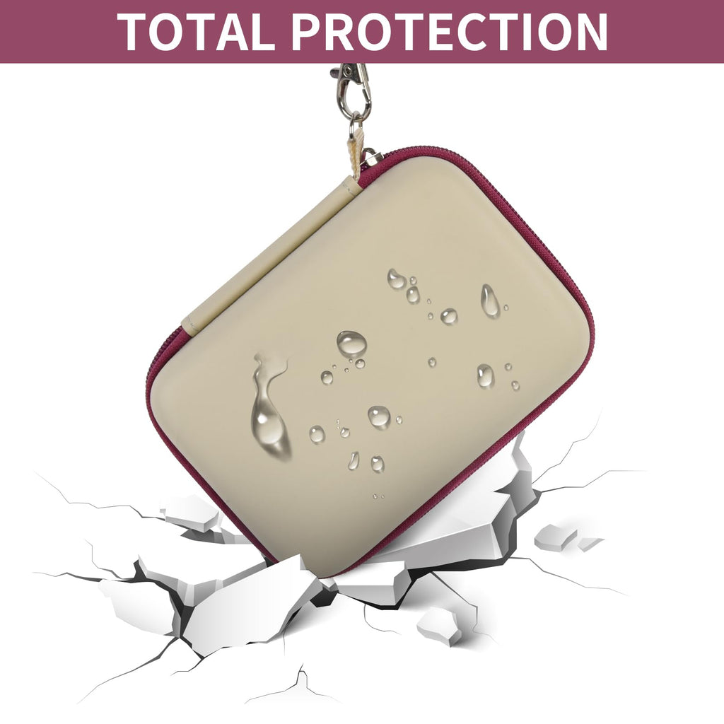 Beige with burgundy trim retro handheld console carrying case hard-shell impact and splash protection demonstration