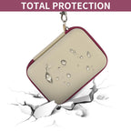 Beige with burgundy trim retro handheld console carrying case hard-shell impact and splash protection demonstration