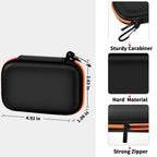 Black and orange portable SSD case dimensions with carabiner, zipper, and hard shell