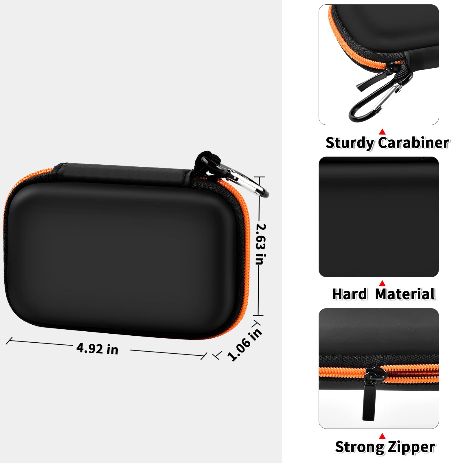 Black and orange portable SSD case dimensions with carabiner, zipper, and hard shell