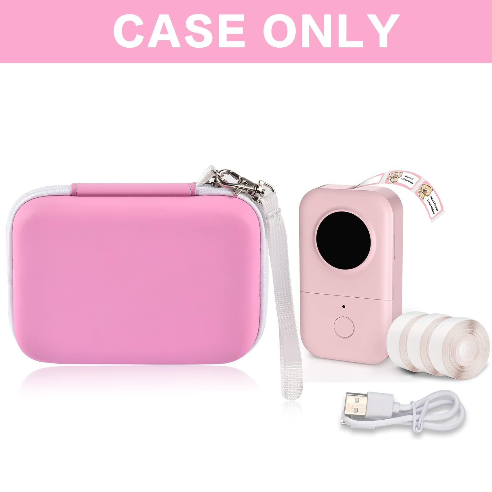Open pink label maker case with printer, charging cable, and label rolls; case only