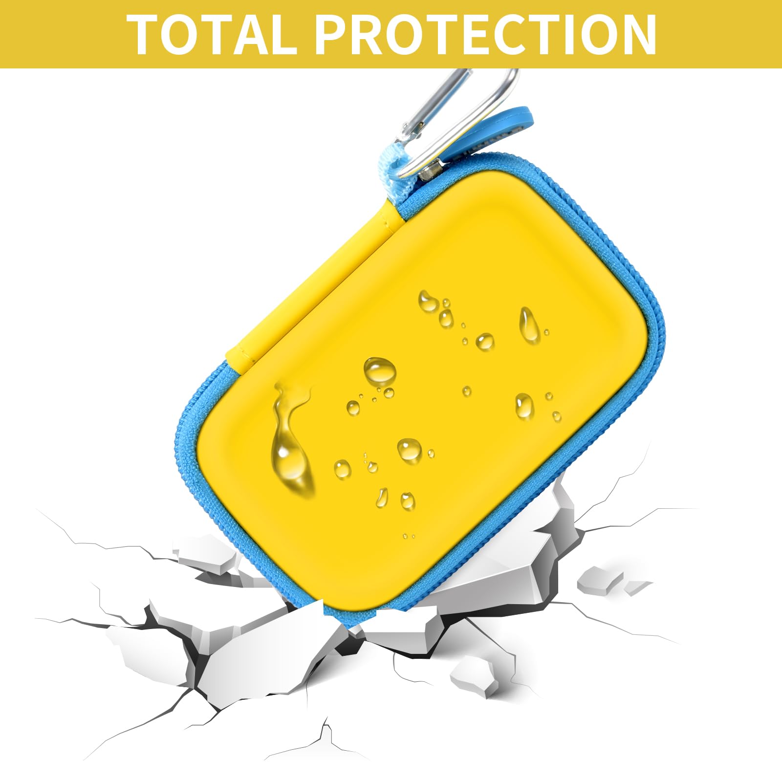 Yellow and blue SanDisk SSD case demonstrating total impact and water-resistant protection
