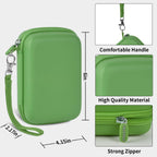 Green retro handheld console carrying case dimensions, wrist strap, shell material and zipper overview