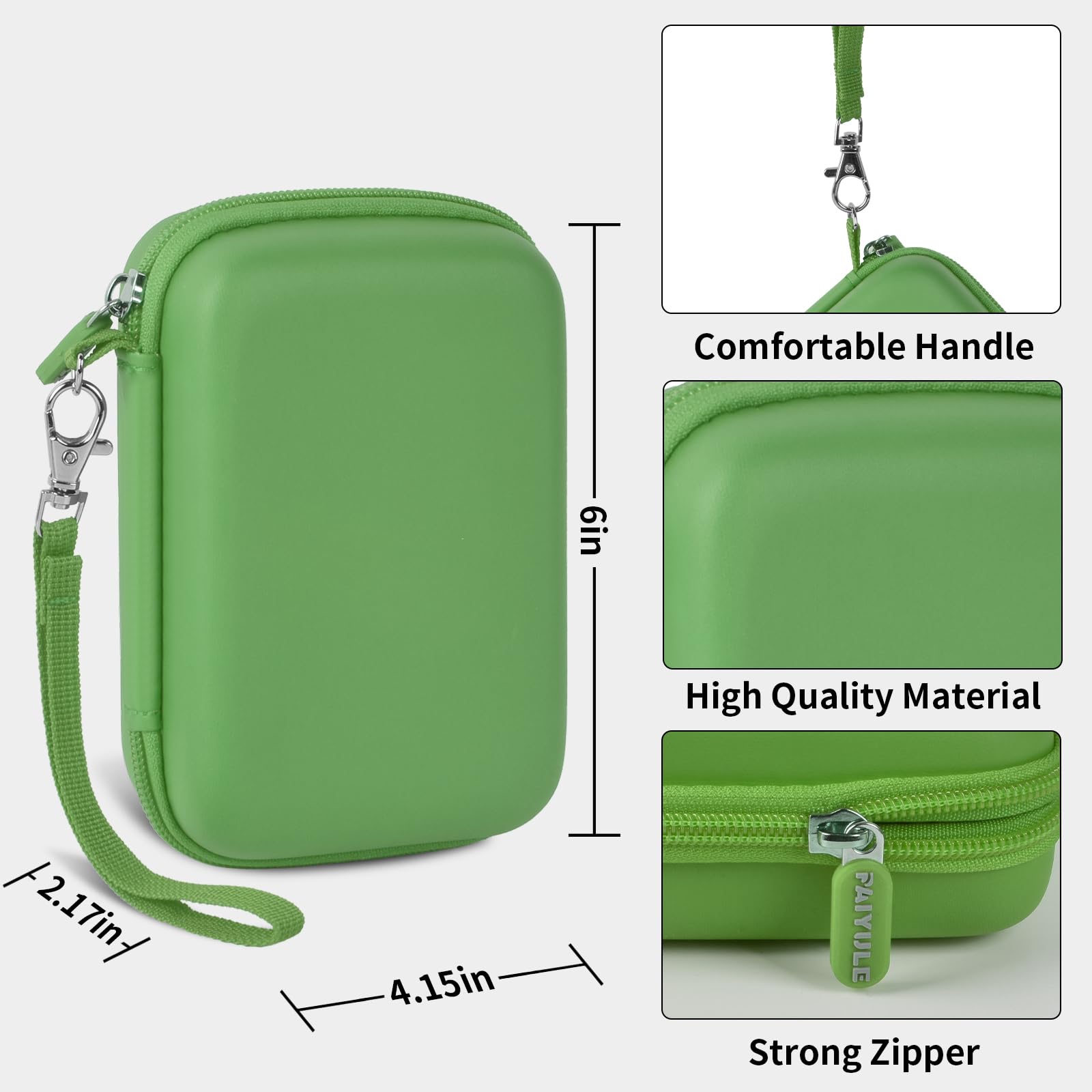 Green retro handheld console carrying case dimensions, wrist strap, shell material and zipper overview