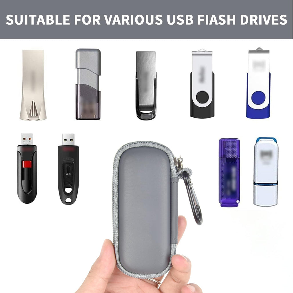 Dark gray USB flash drive and SD card storage case compatibility with assorted USB flash drives