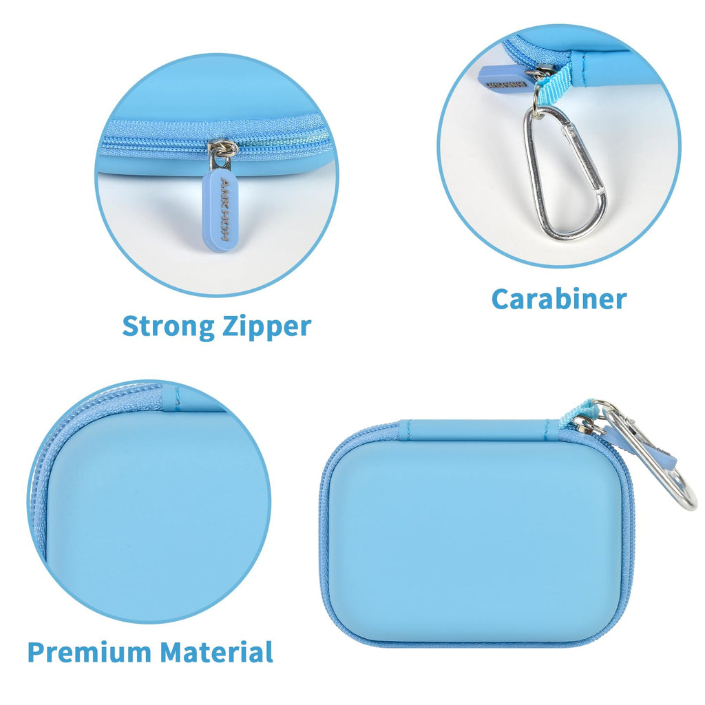 Light blue portable SSD case with strong zipper, carabiner, and premium hard-shell material