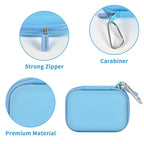 Light blue portable SSD case with strong zipper, carabiner, and premium hard-shell material