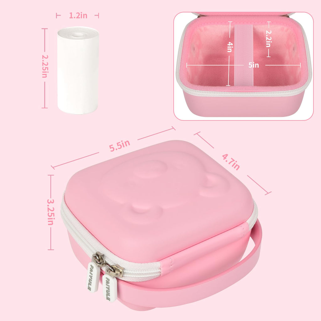 Pink bear-shaped kids instant print camera case dimensions and interior layout overview
