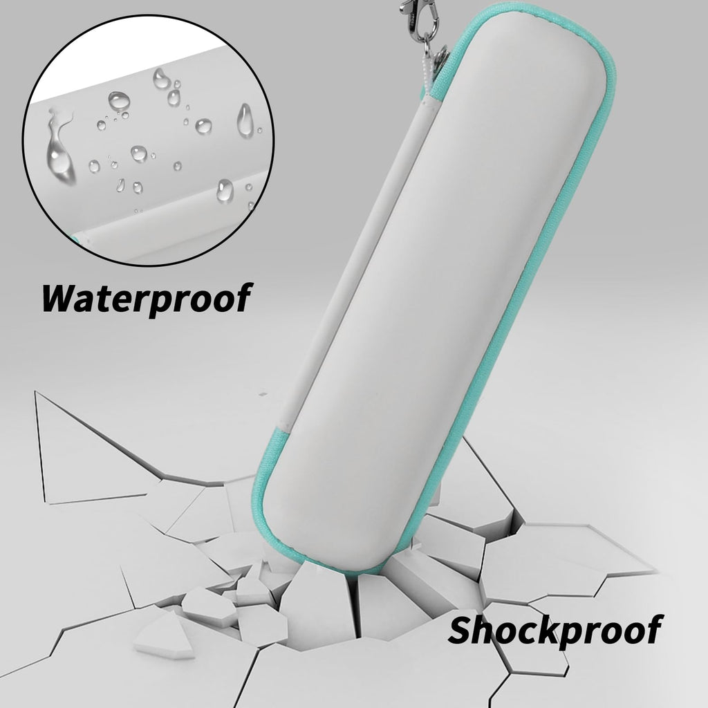 White and teal toothbrush case demonstrating waterproof and shockproof protection