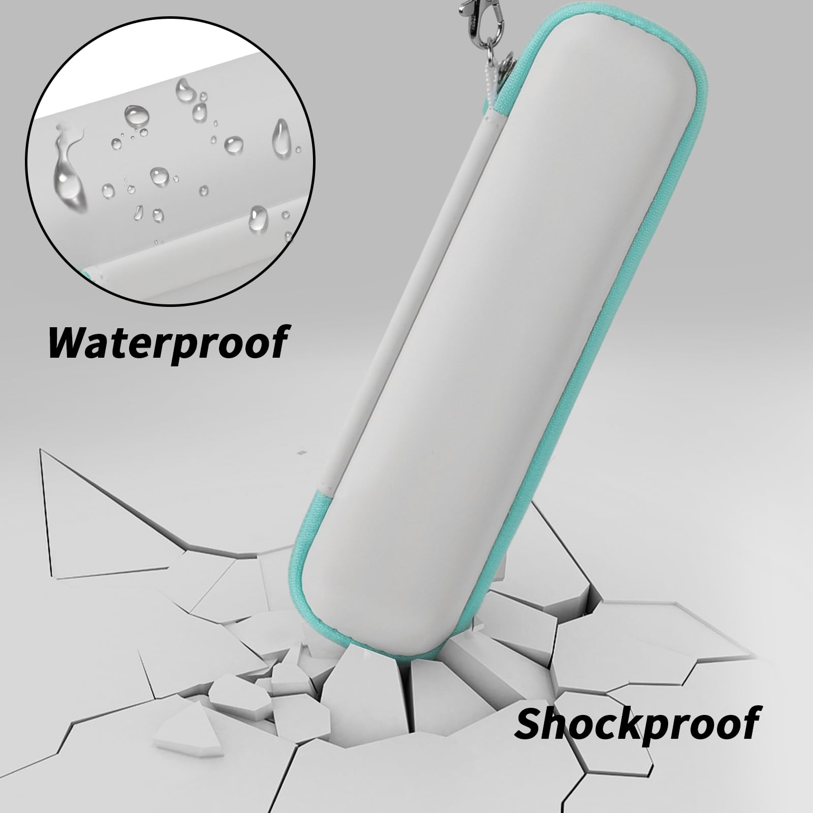White and teal toothbrush case demonstrating waterproof and shockproof protection