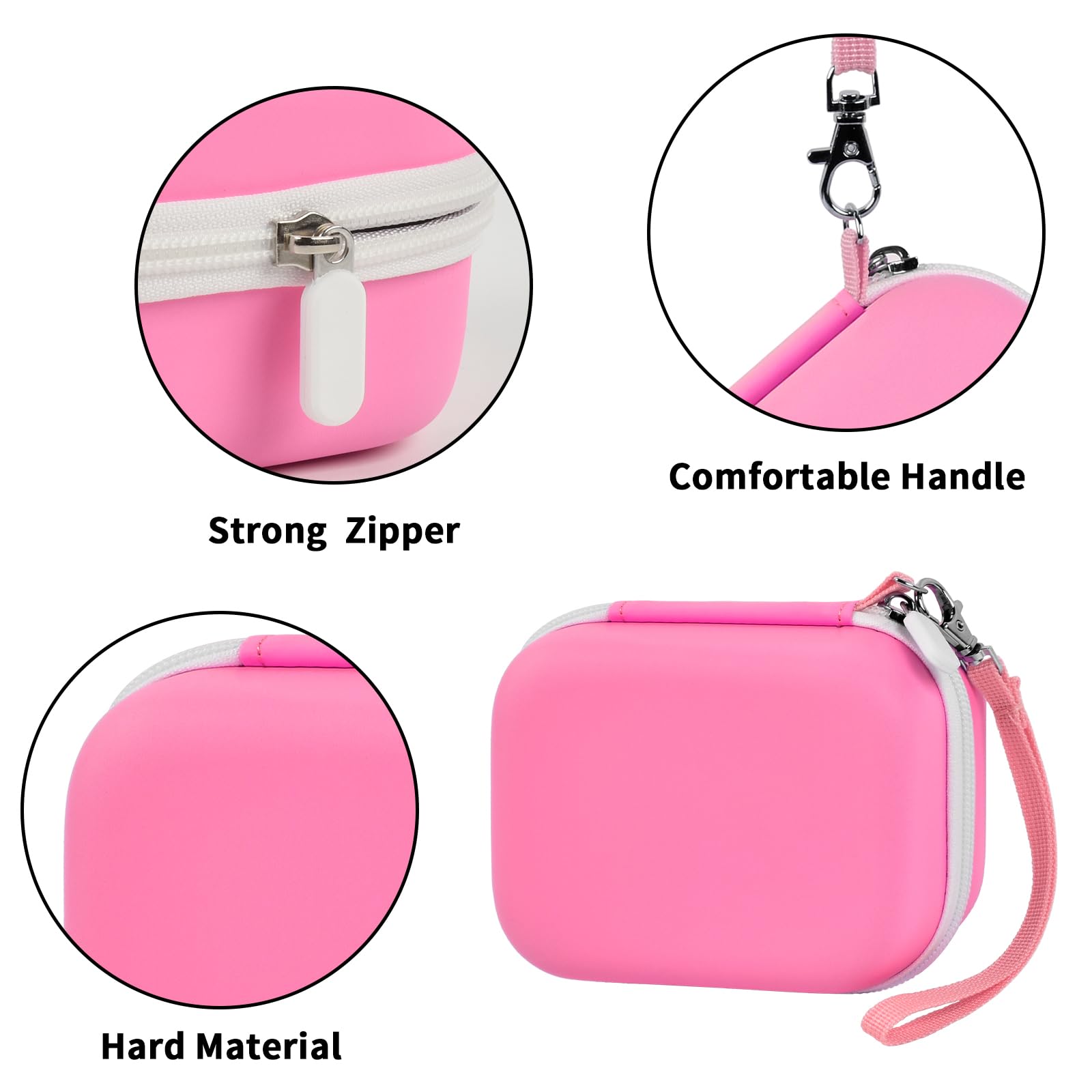 Pink mini printer case with strong zipper, carrying strap, and hard protective shell