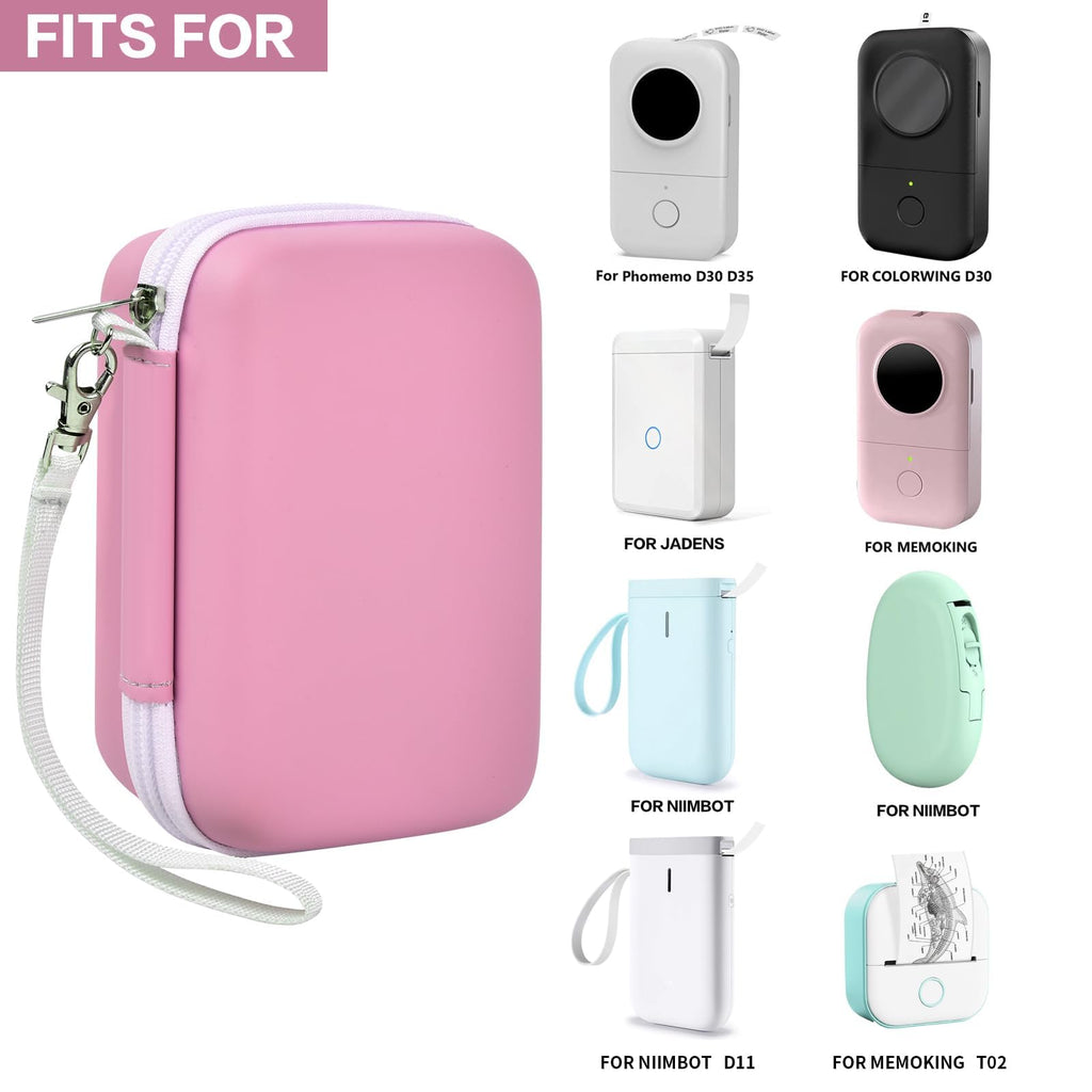 Pink label maker case shown with several compatible mini printers