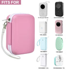 Pink label maker case shown with several compatible mini printers