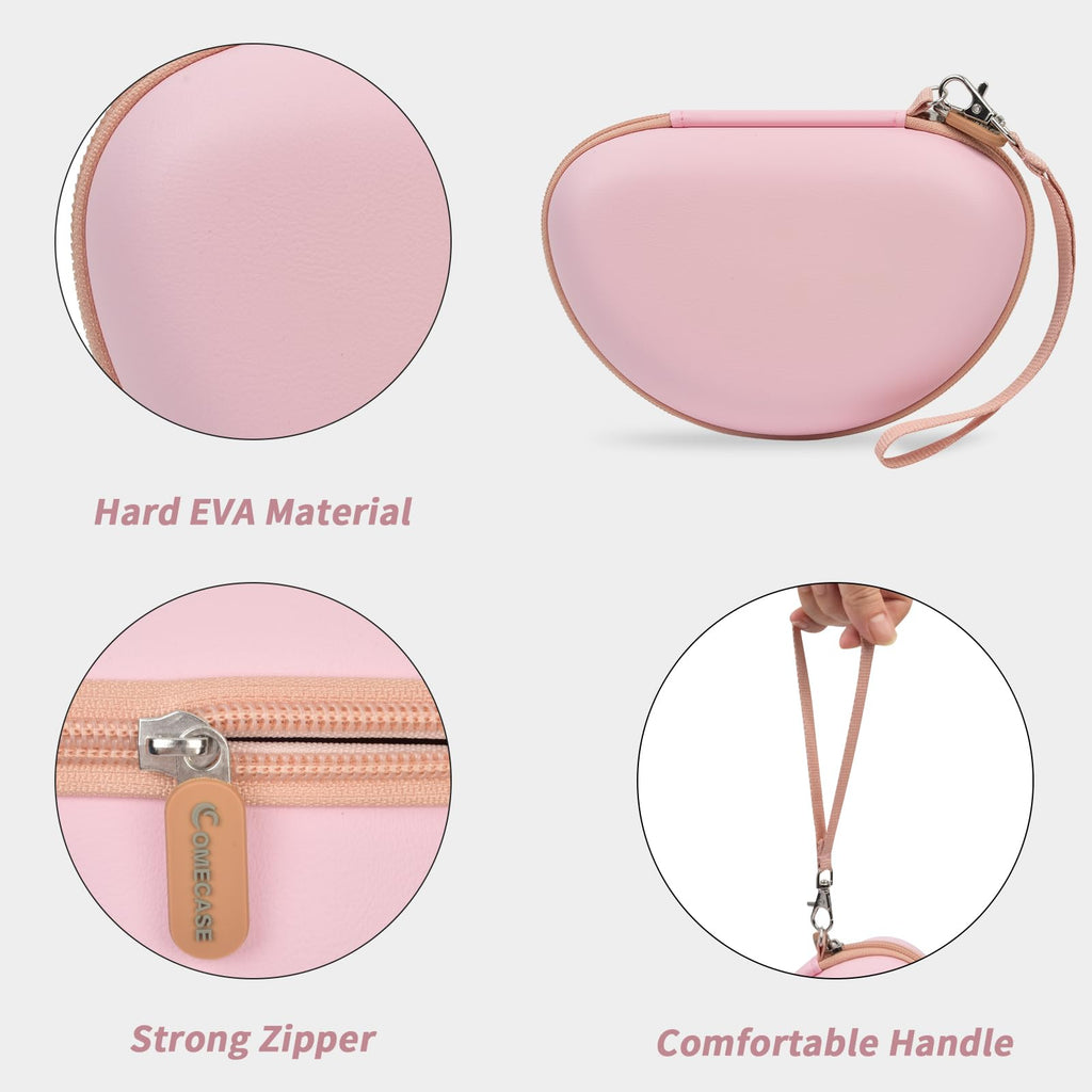 Pink headphone case with hard EVA shell, strong zipper, and carrying strap