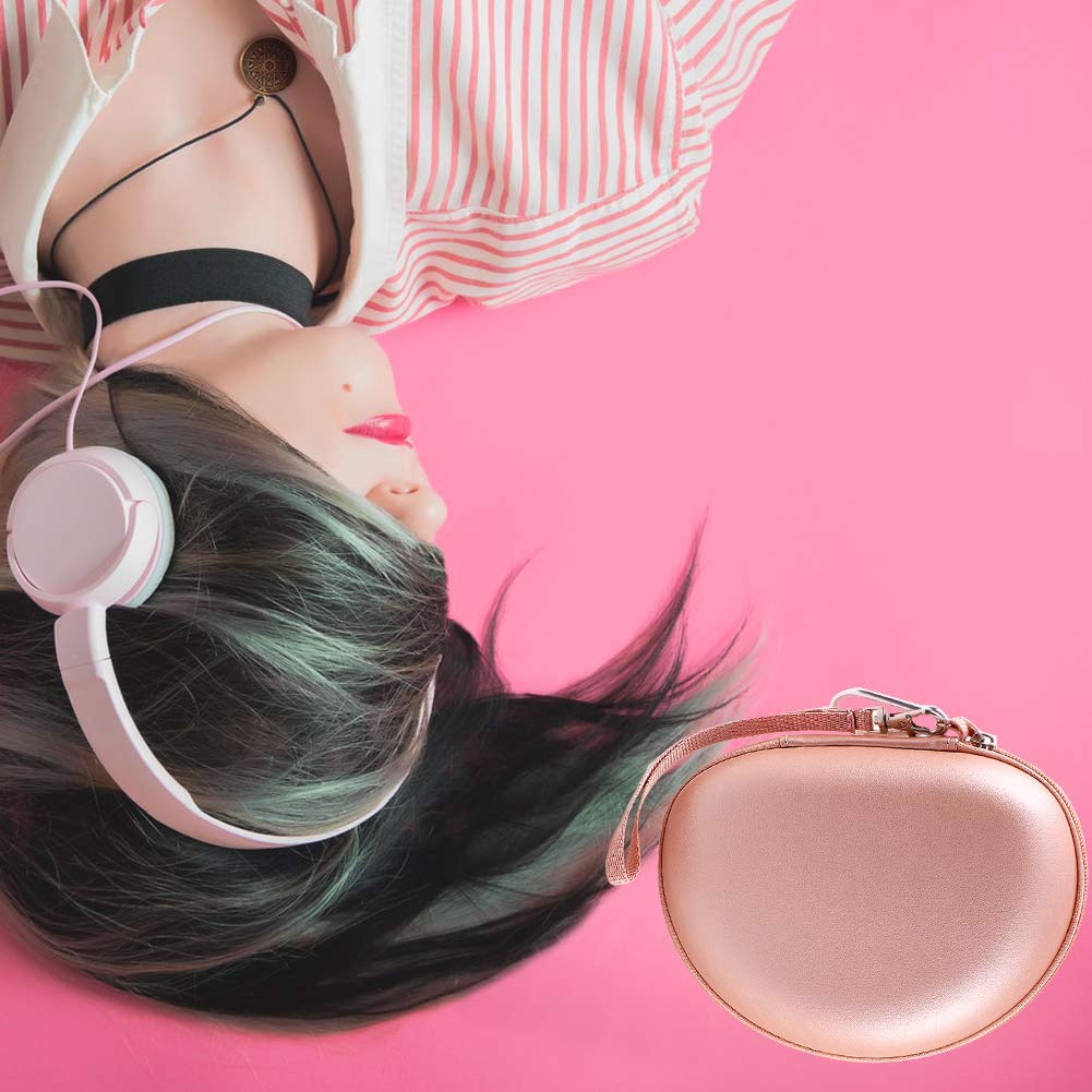 Rose gold headphone case beside a woman wearing over-ear headphones