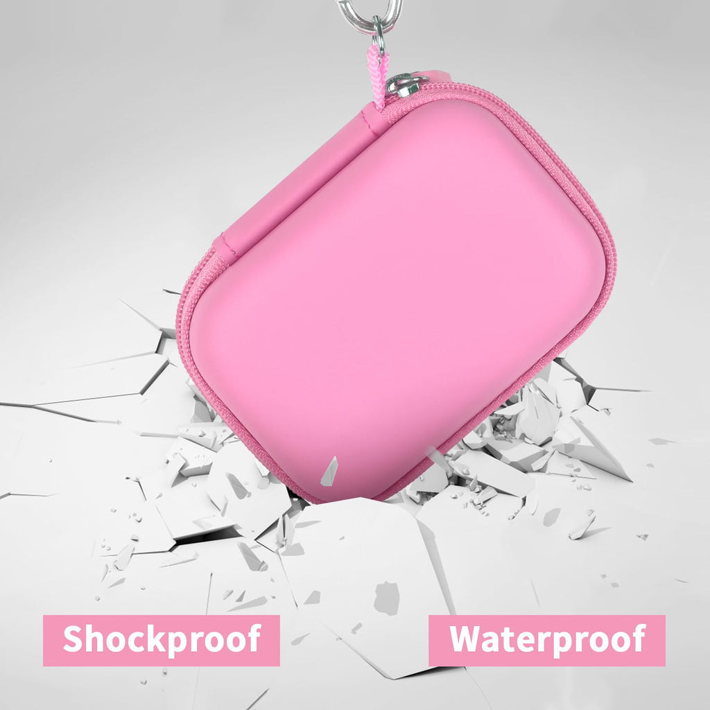 Open pink Crucial X9 and X10 portable SSD case with mesh cable pocket and elastic strap; case only