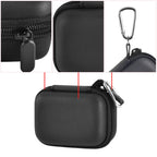 Black mini power bank case with protective shell, zipper, and carabiner details