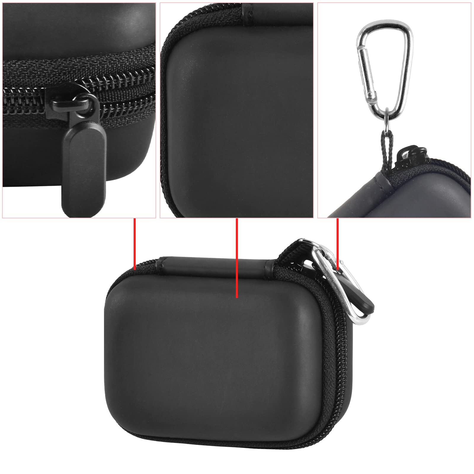 Black mini power bank case with protective shell, zipper, and carabiner details