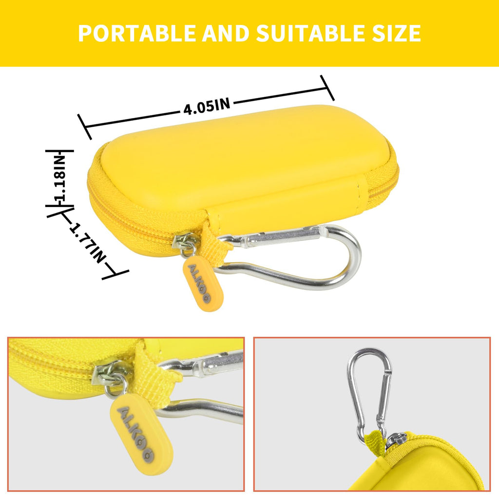 Yellow USB flash drive and SD card storage case compact dimensions and carabiner detail