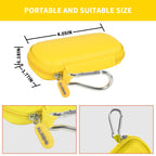 Yellow USB flash drive and SD card storage case compact dimensions and carabiner detail