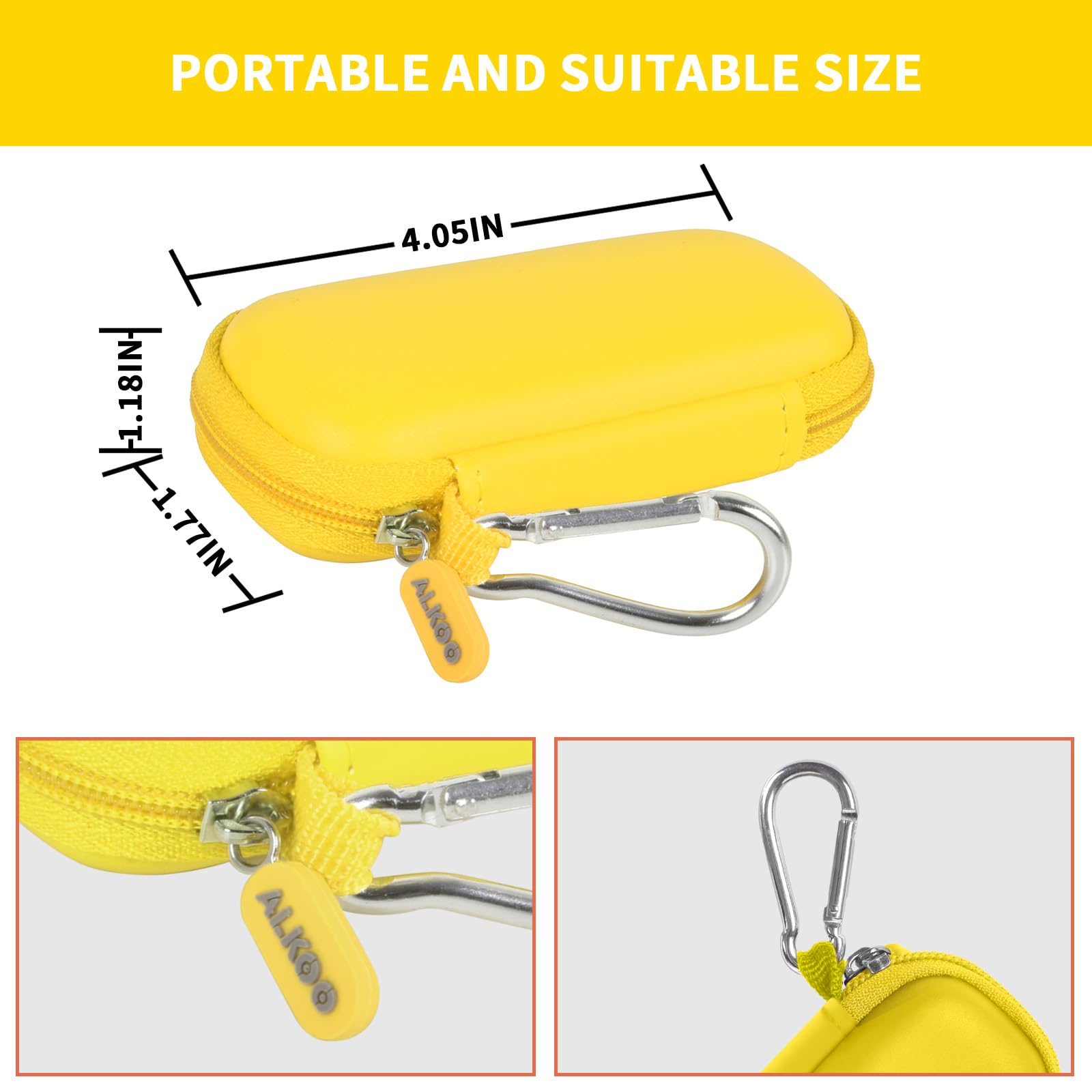 Yellow USB flash drive and SD card storage case compact dimensions and carabiner detail