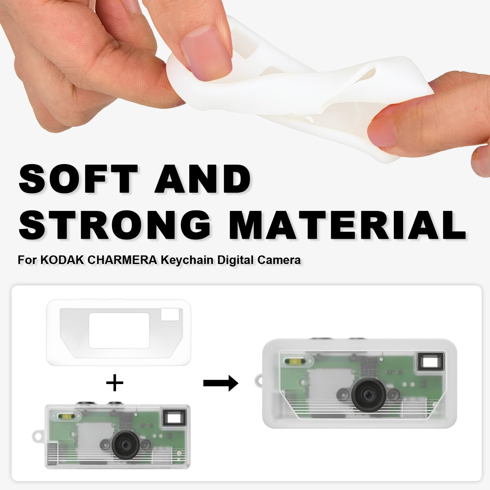 Clear white silicone case for Kodak Charmera keychain camera soft, flexible material demonstration