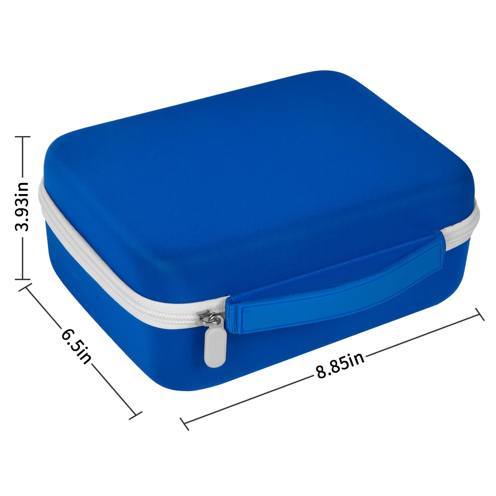 Blue and white label maker case dimensions: 8.85 by 6.5 by 3.93 inches
