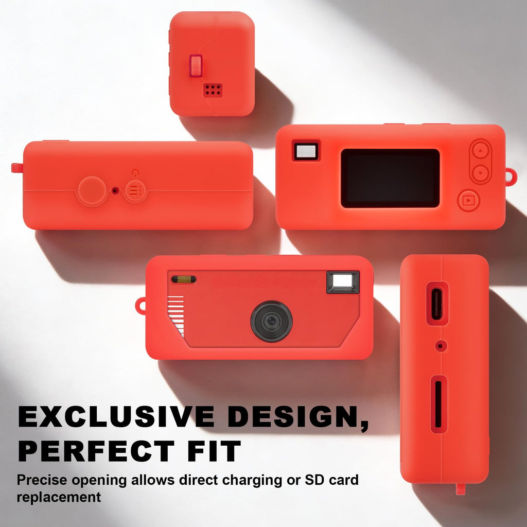 Red silicone case for Kodak Charmera keychain camera precise-fit design shown from multiple angles