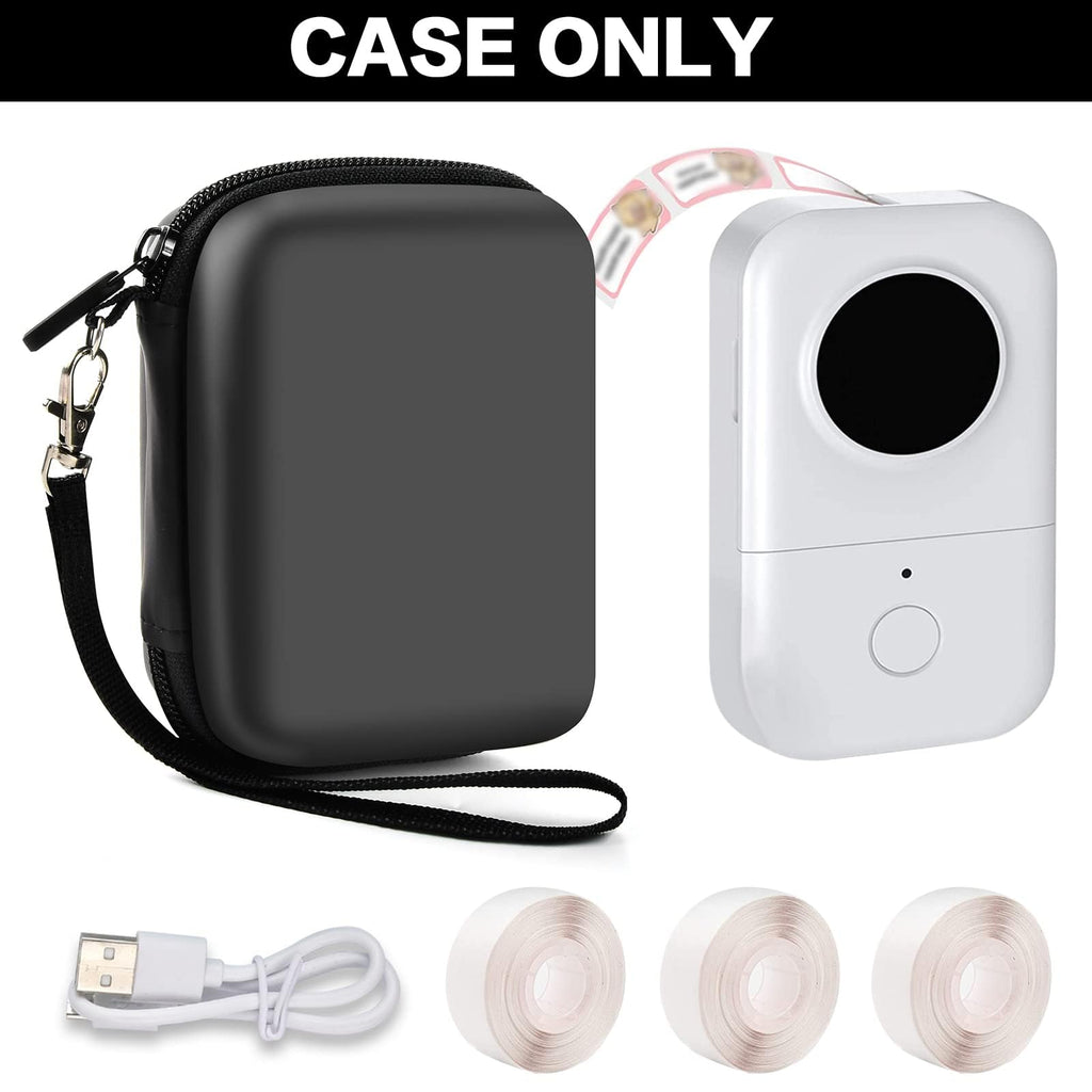 Open black label maker case with a mini printer, charging cable, and label rolls; case only