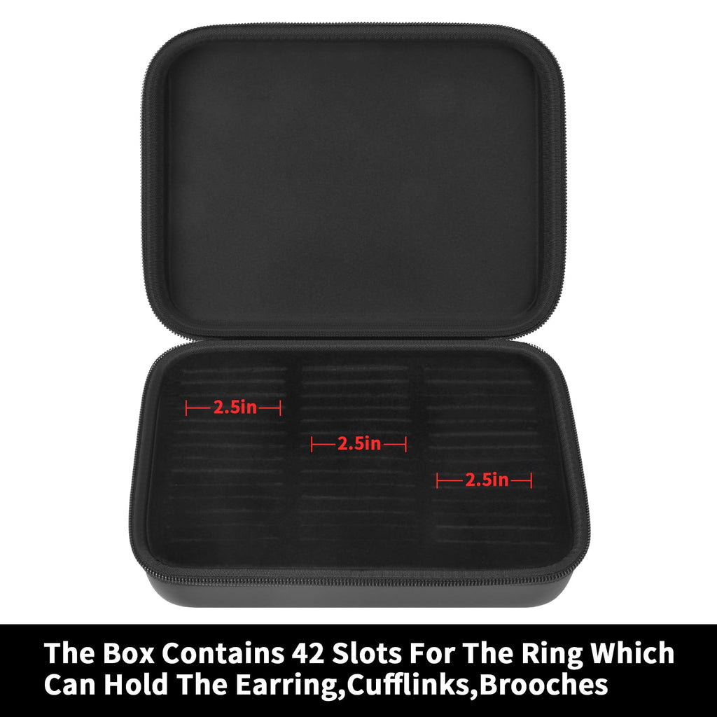Open black jewelry organizer showing 42 padded slots for rings and small accessories