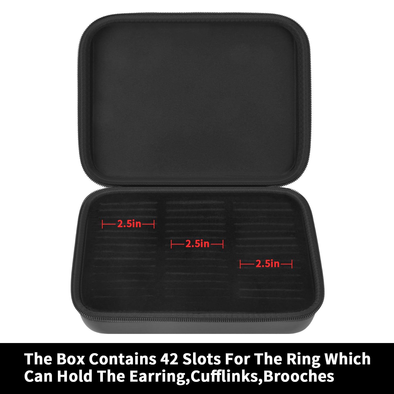 Open black jewelry organizer showing 42 padded slots for rings and small accessories