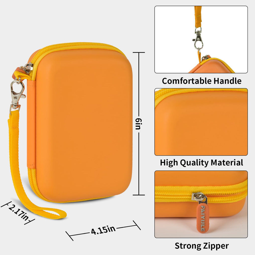 Orange retro handheld console carrying case dimensions, wrist strap, shell material and zipper overview