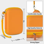 Orange retro handheld console carrying case dimensions, wrist strap, shell material and zipper overview