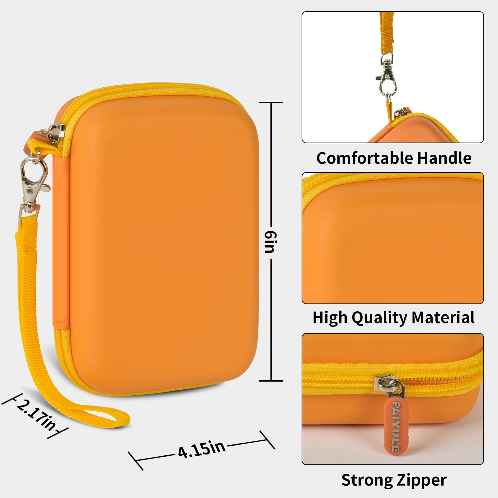 Orange retro handheld console carrying case dimensions, wrist strap, shell material and zipper overview