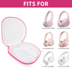 Open white with pink trim headphone case shown with compatible Sony and JBL over-ear headphones
