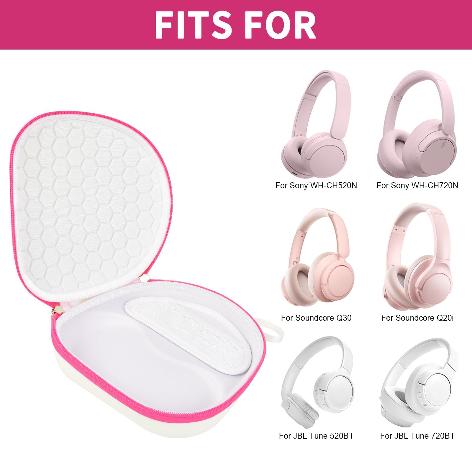 Open white with pink trim headphone case shown with compatible Sony and JBL over-ear headphones