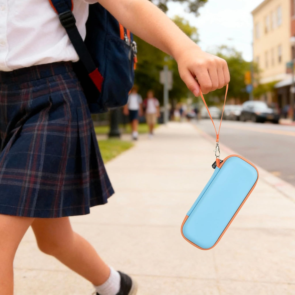 Student carrying the blue 3D printing pen case by its wrist strap