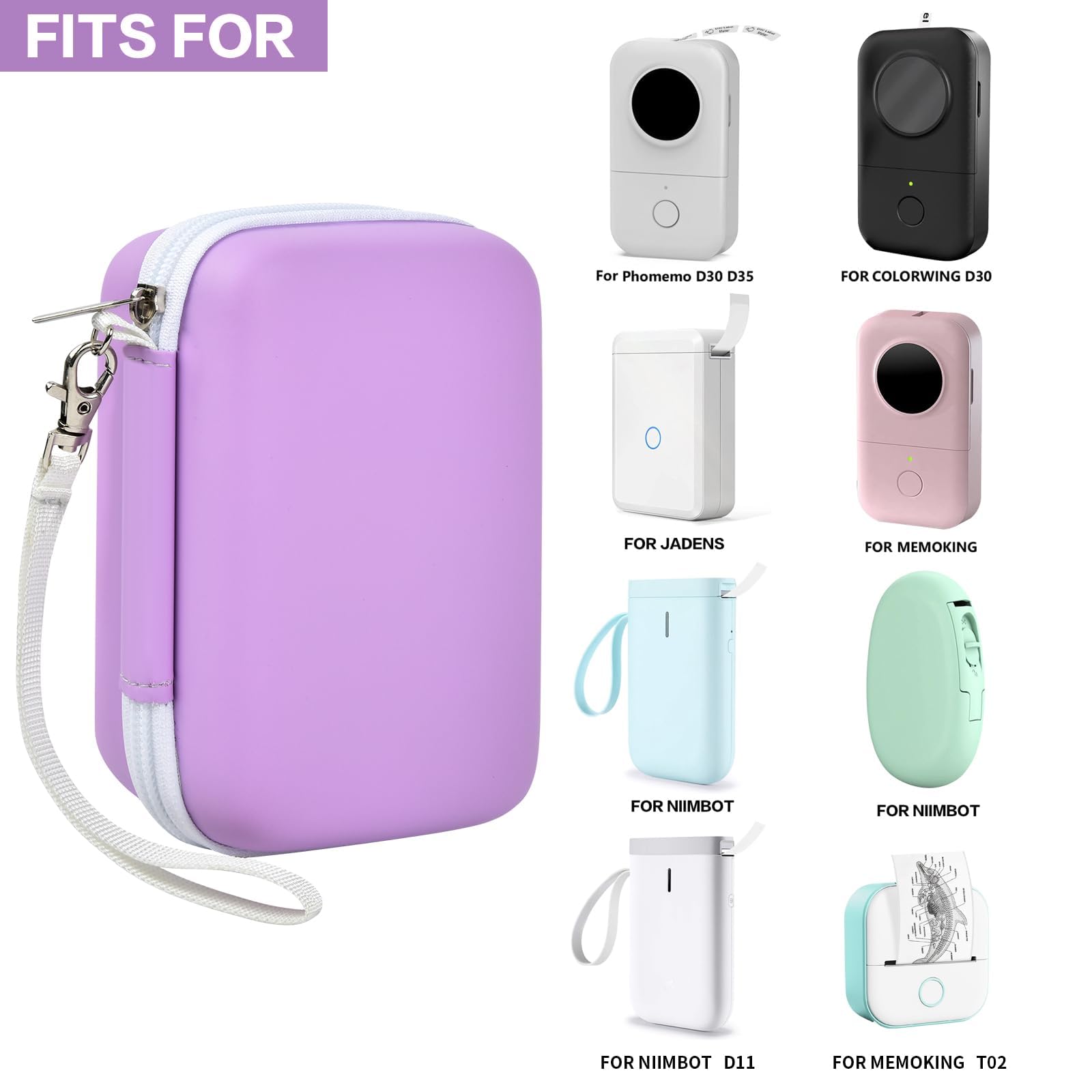 Purple label maker case shown with several compatible mini printers